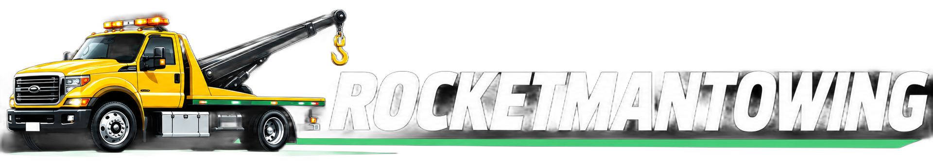 Yellow tow truck logo with a crane arm and the text “ROCKET TOWING”