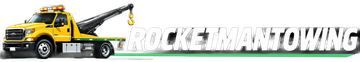 Yellow tow truck logo with a crane arm and the text “ROCKET TOWING”