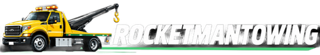 Yellow tow truck logo with a crane arm and the text “ROCKET TOWING”