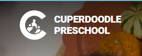 Cuperdoodle Preschool logo with white text and child icon on a dark background with warm autumn tones