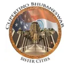 Cupertino Bhuvaneswar Sister Cities circular logo with city skyline and U.S. flag motifs