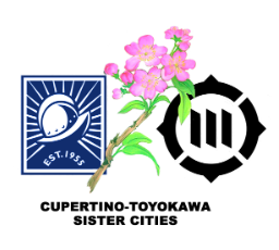 Cupertino-Toyokawa Sister Cities logo with blue and black emblems and pink cherry blossoms
