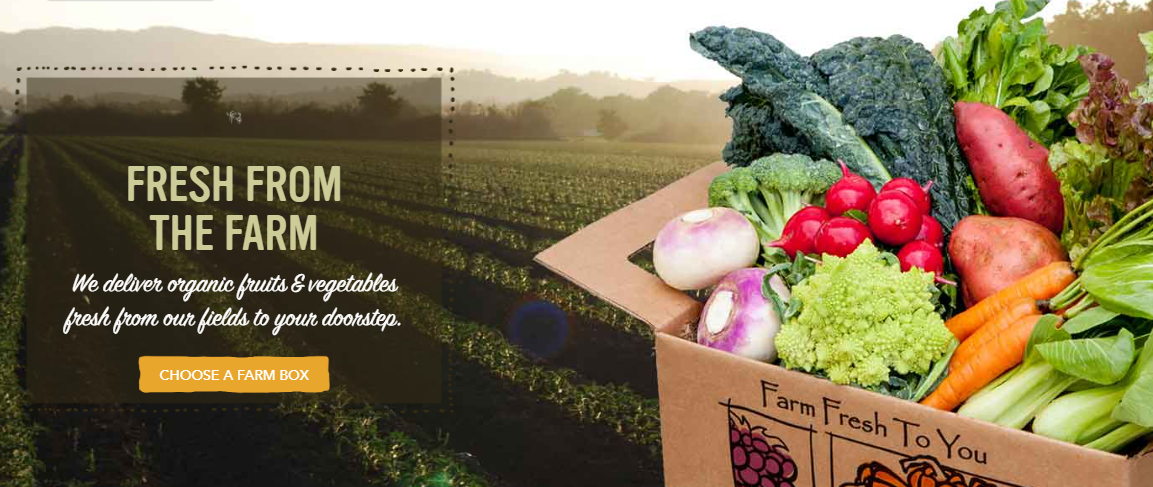 Fresh-from-the-farm produce ad with vegetables in a basket and a green field background