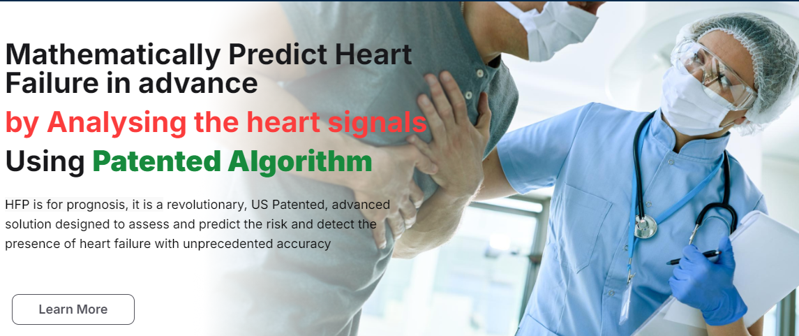Heart failure prediction banner with doctors and bold black, red, and green text
