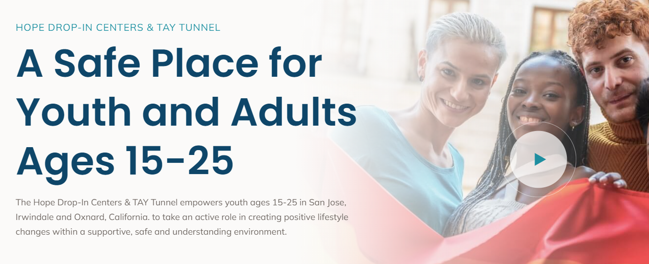 Safe place for youth and adults ages 15–25, with smiling people and a play button on a soft blue-red banner
