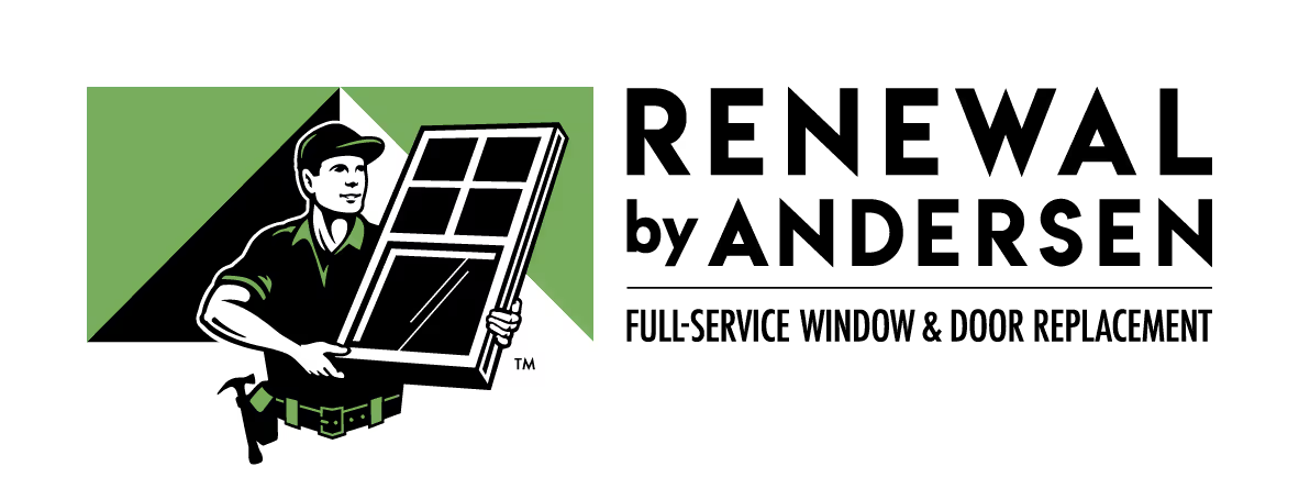 Renewal by Andersen logo with green window graphic and tagline “Full-service window & door replacement”