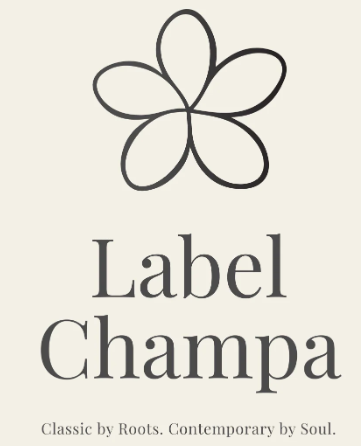 Label Champa logo with a black flower icon and gray text on a beige background