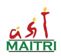 MAITRI logo with red stylized figures and yellow dots above green text on white background