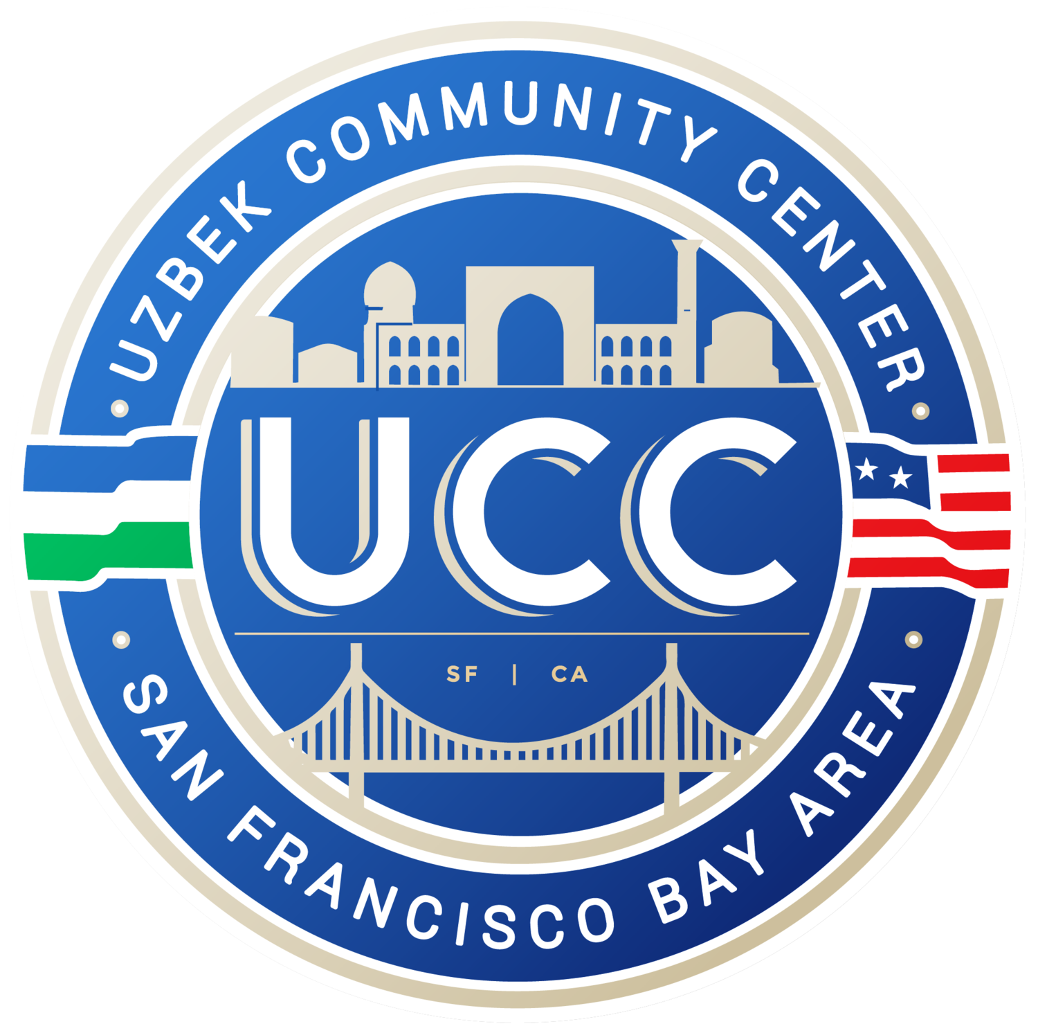 Logo for Uzbek Community Center San Francisco Bay Area with blue UCC emblem and U.S./Uzbek flags