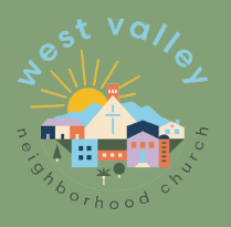 West Valley Neighborhood Church logo with colorful houses, sun, cross, and hills on a green background
