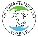 Logo with cow in green and blue circle, text “A Compassionate World” around it