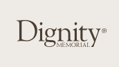 Dignity Memorial logo in dark brown text on a light background