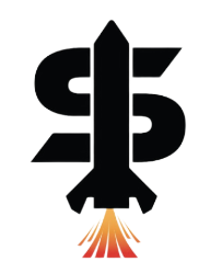 Black rocket-shaped logo with orange exhaust flames over stylized letters on a white background