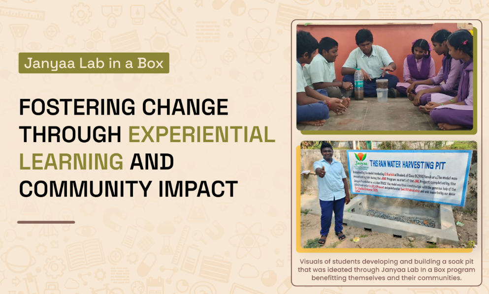 Janjal Lab in a Box poster about experiential learning and community impact, with workshop photos and banner.