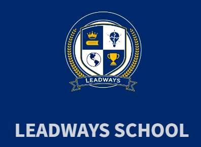 Leadways School logo on blue background with crest and white text