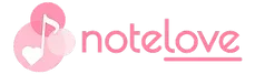 Pink “notelove” logo with two overlapping musical notes and a heart icon