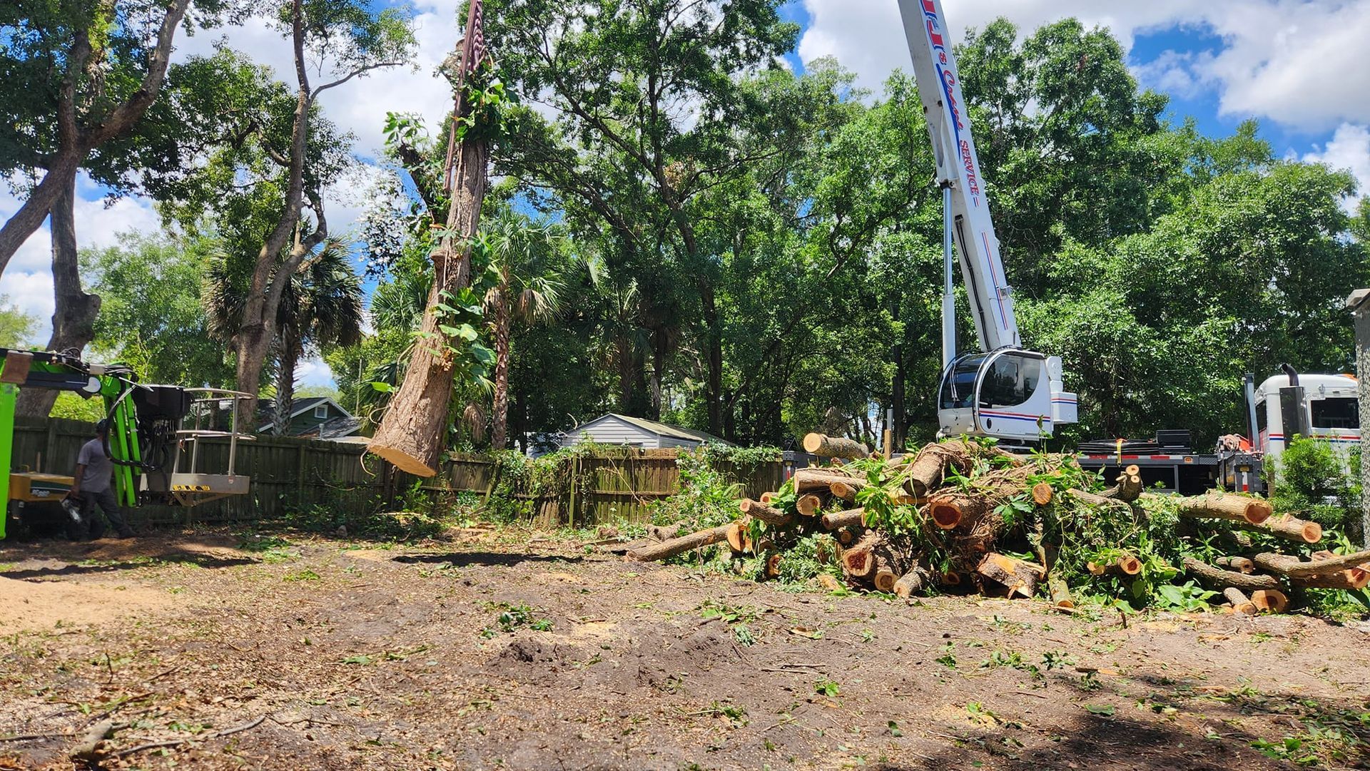 A crane is cutting down a tree in a yard.