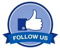 A blue circle with a thumbs up and the words follow us
