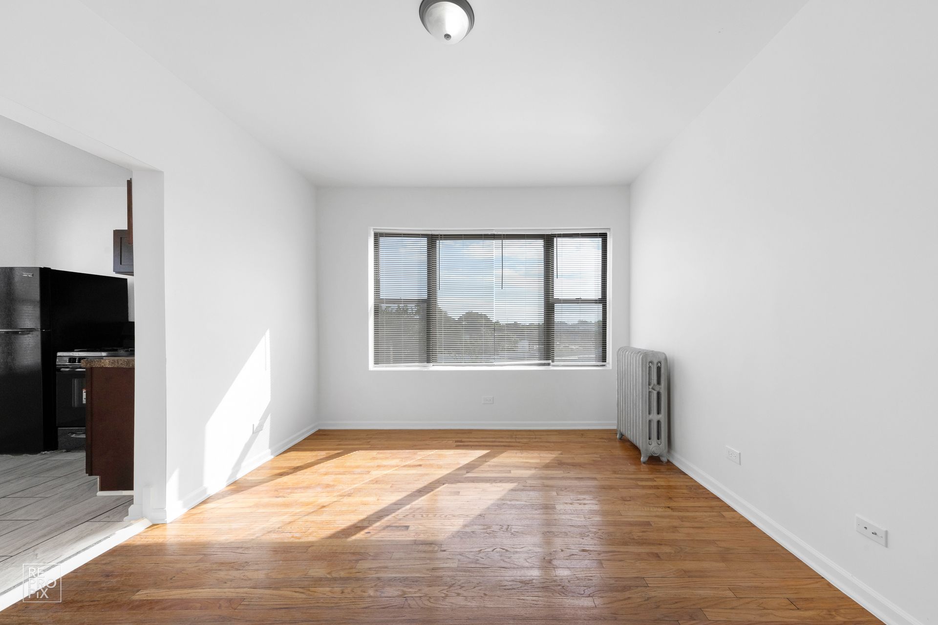 Empty room with hardwood floors, a large window, and a radiator. Bright, natural light.