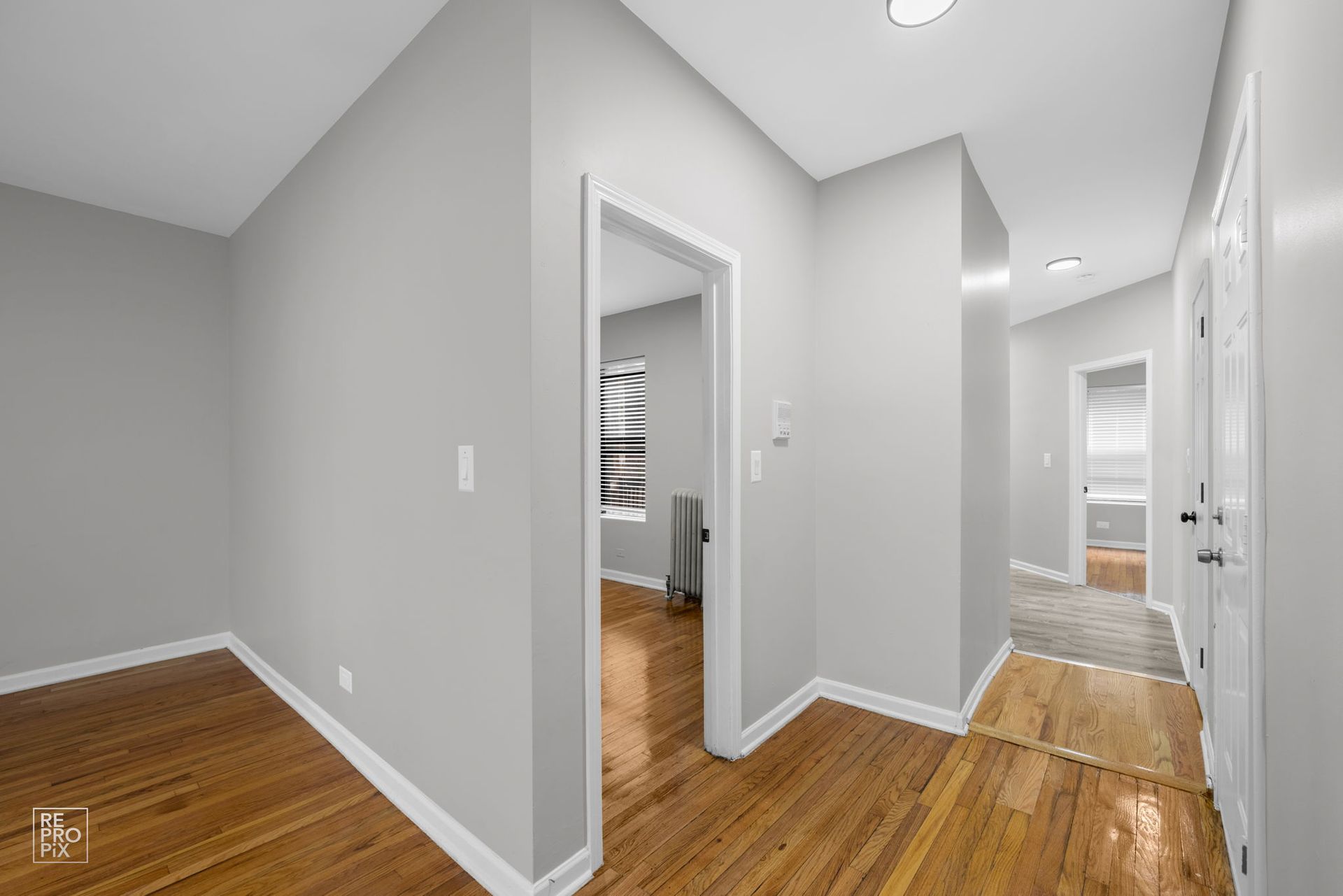 Hallway with gray walls, wood floors, and doors to rooms.