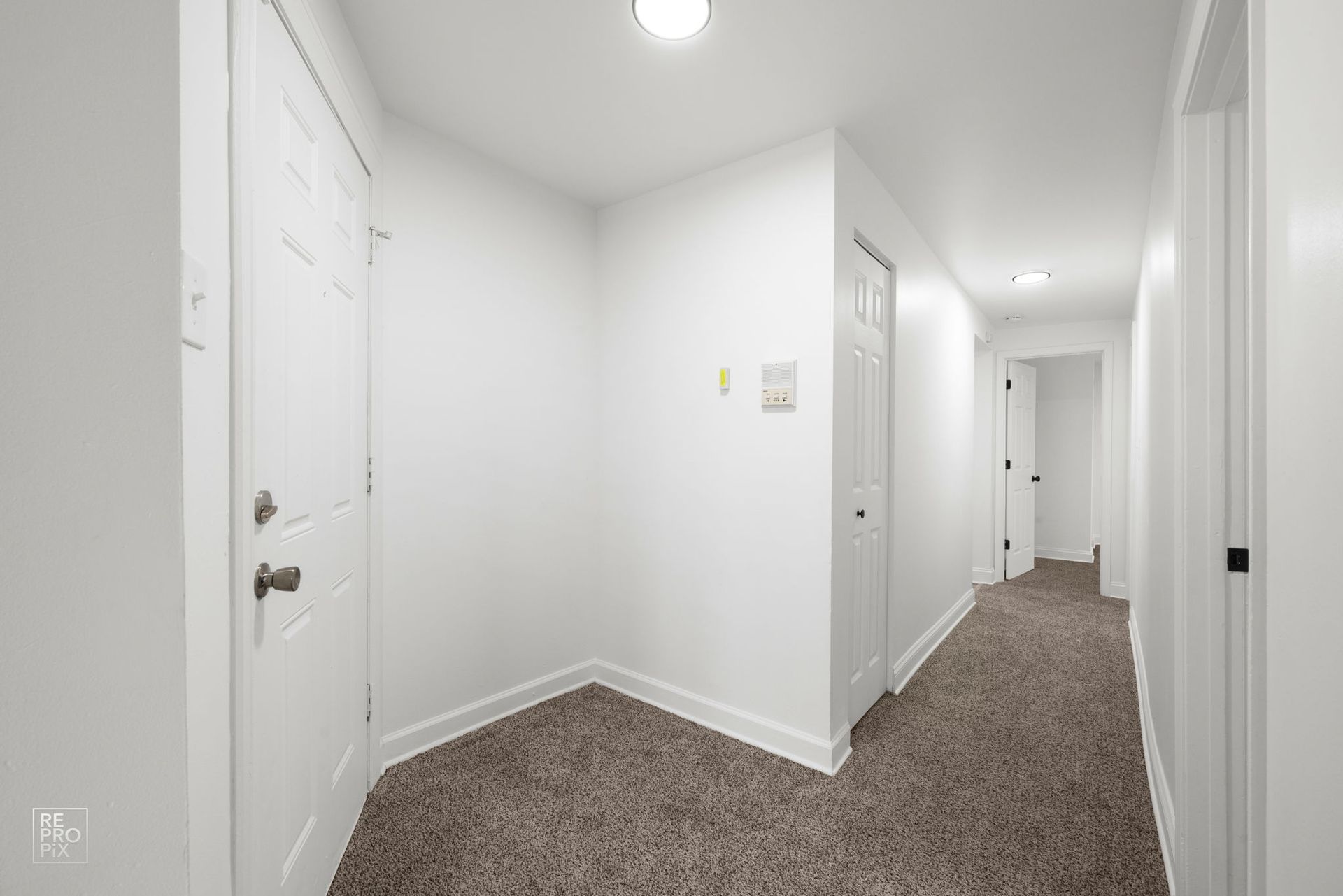 White hallway with carpet, doors, and overhead lighting.