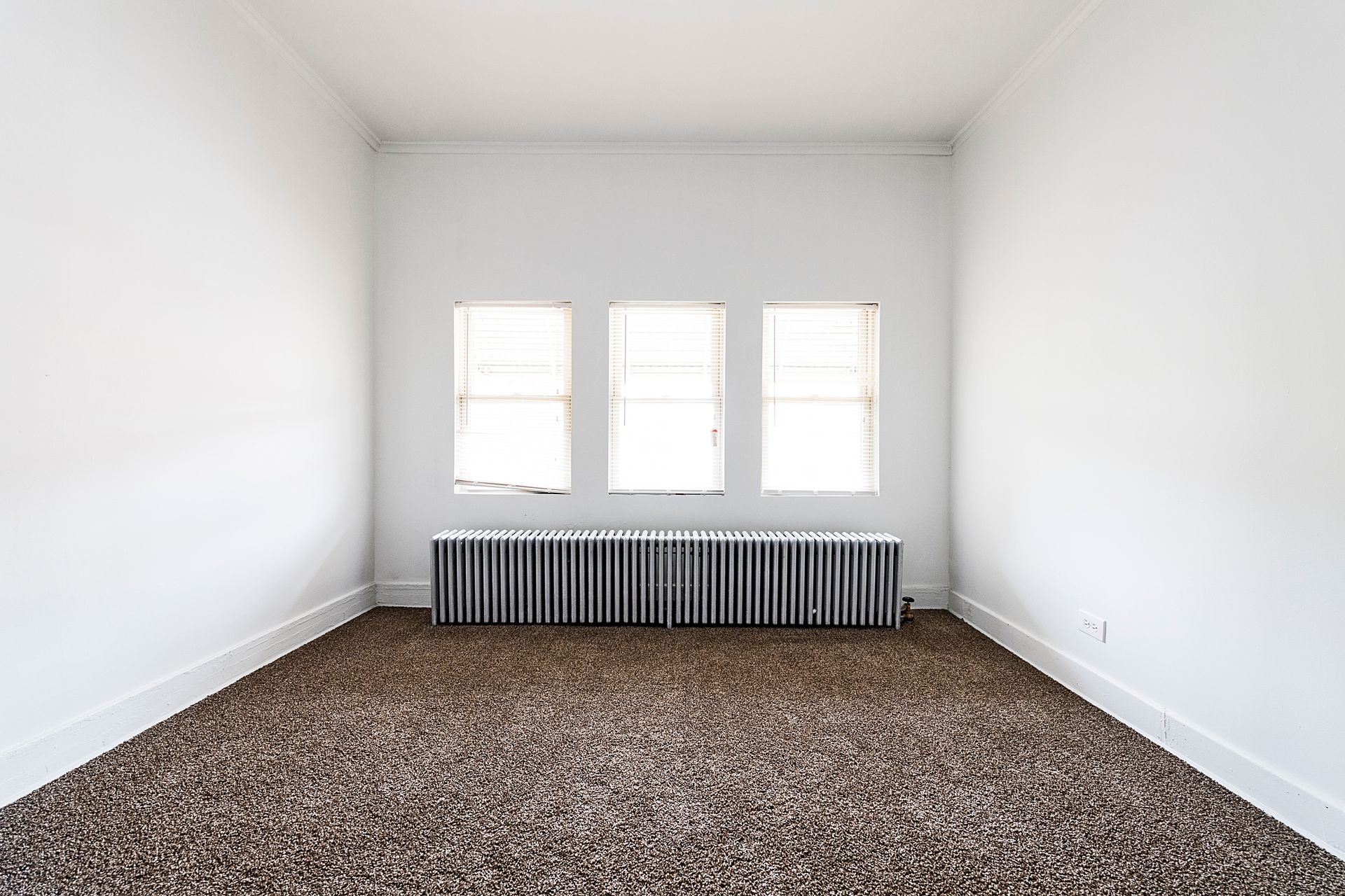 Empty room with white walls, three windows, radiator, and speckled brown carpet.