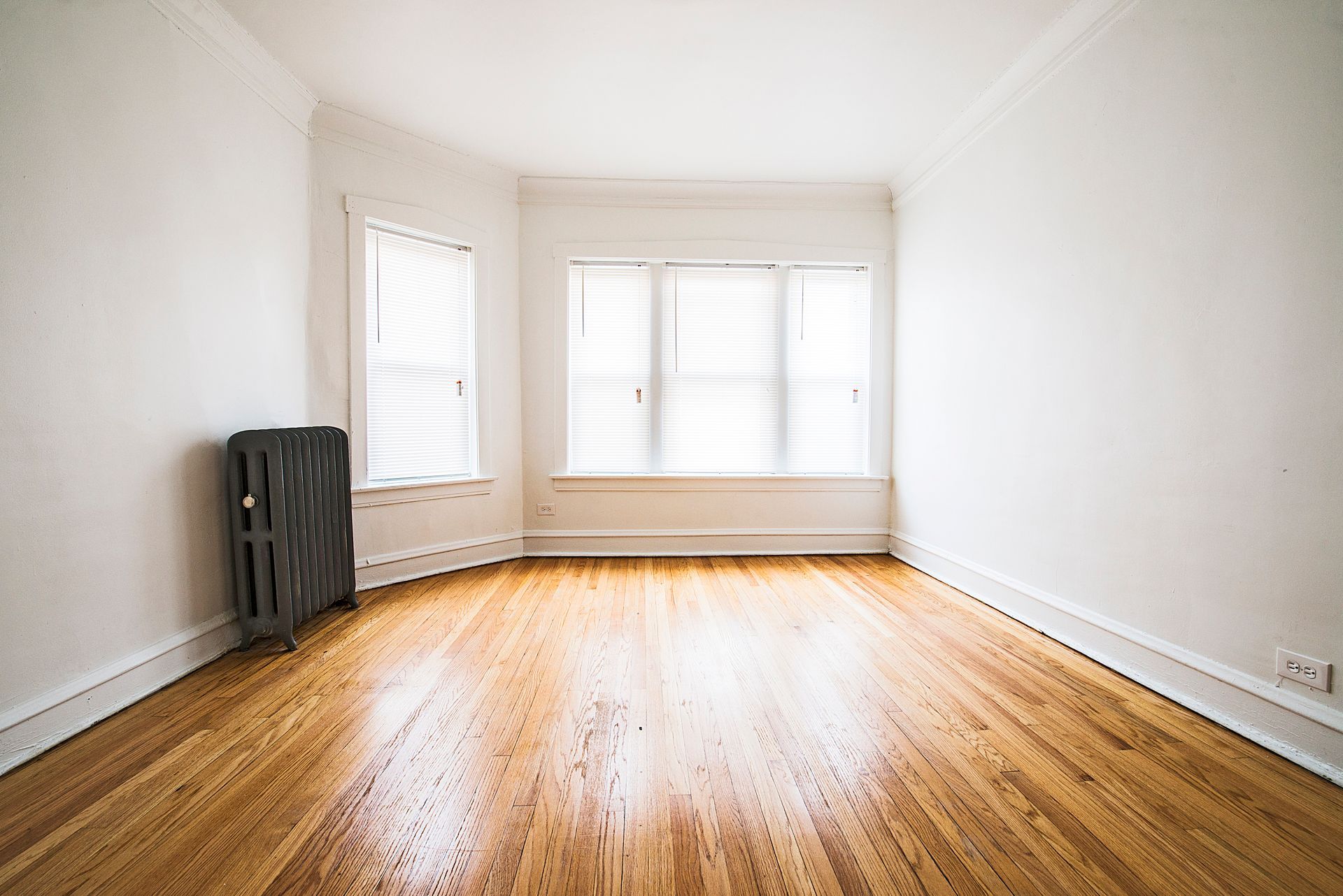 Empty room with wood floor and large windows, white walls, and a radiator.
