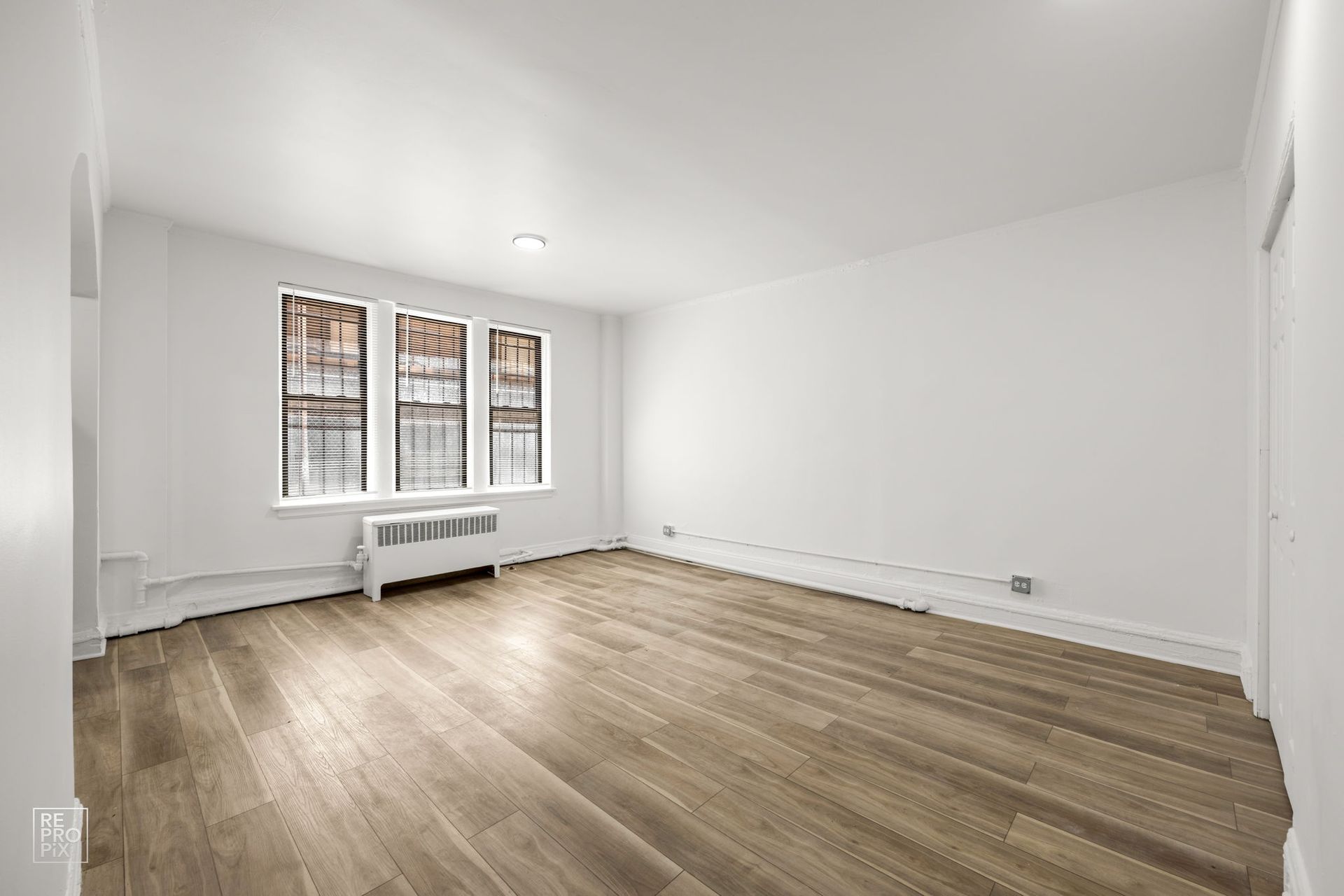 Empty, bright room with hardwood floors, a window, and a radiator.