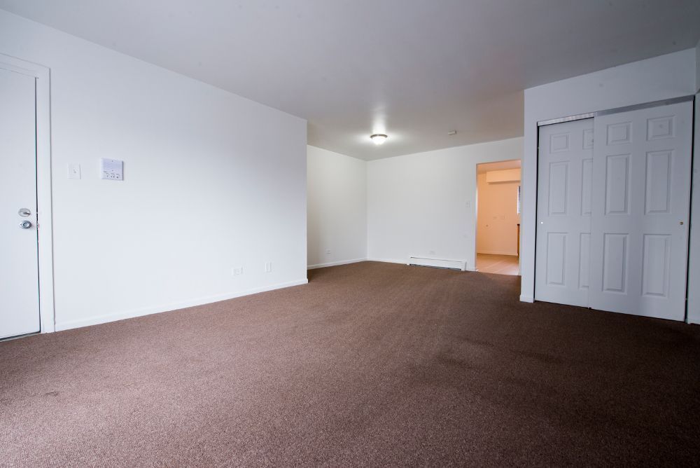 Empty living room with brown carpet, white walls, and closet. Doorways visible.