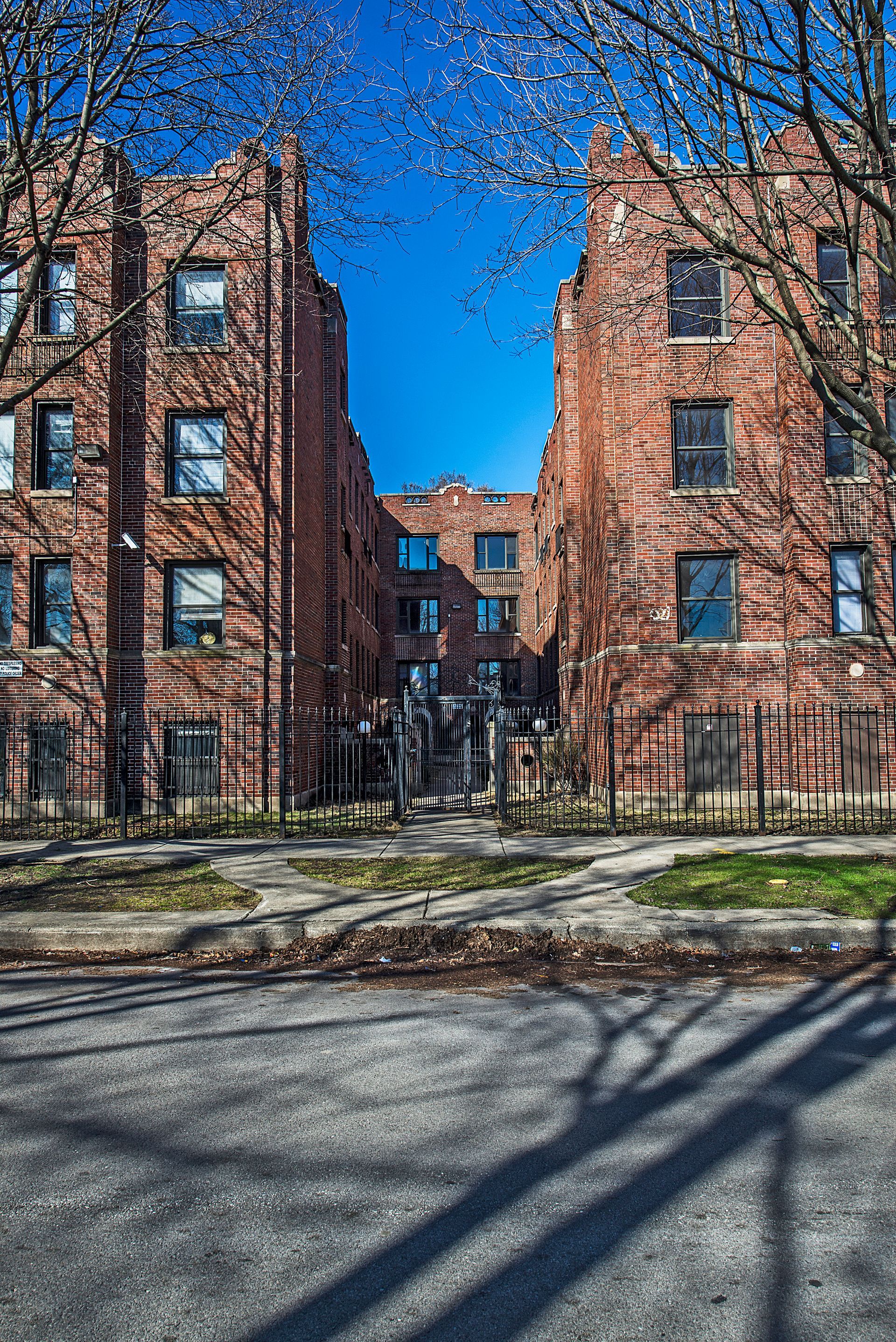 Brick apartment buildings under a bright blue sky; leafless trees cast shadows on the street.