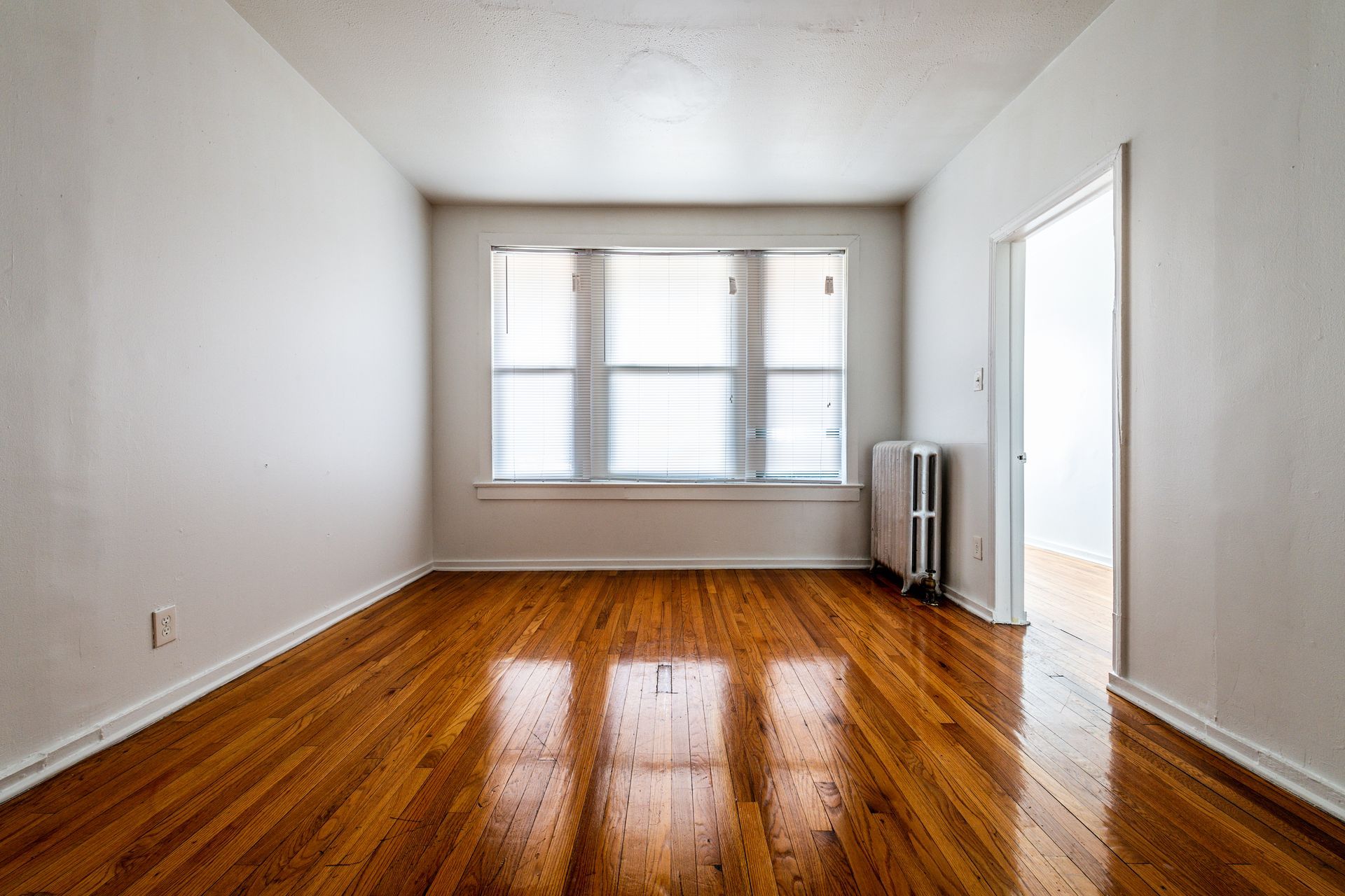 Empty room with hardwood floors, a window, radiator, and open doorway.