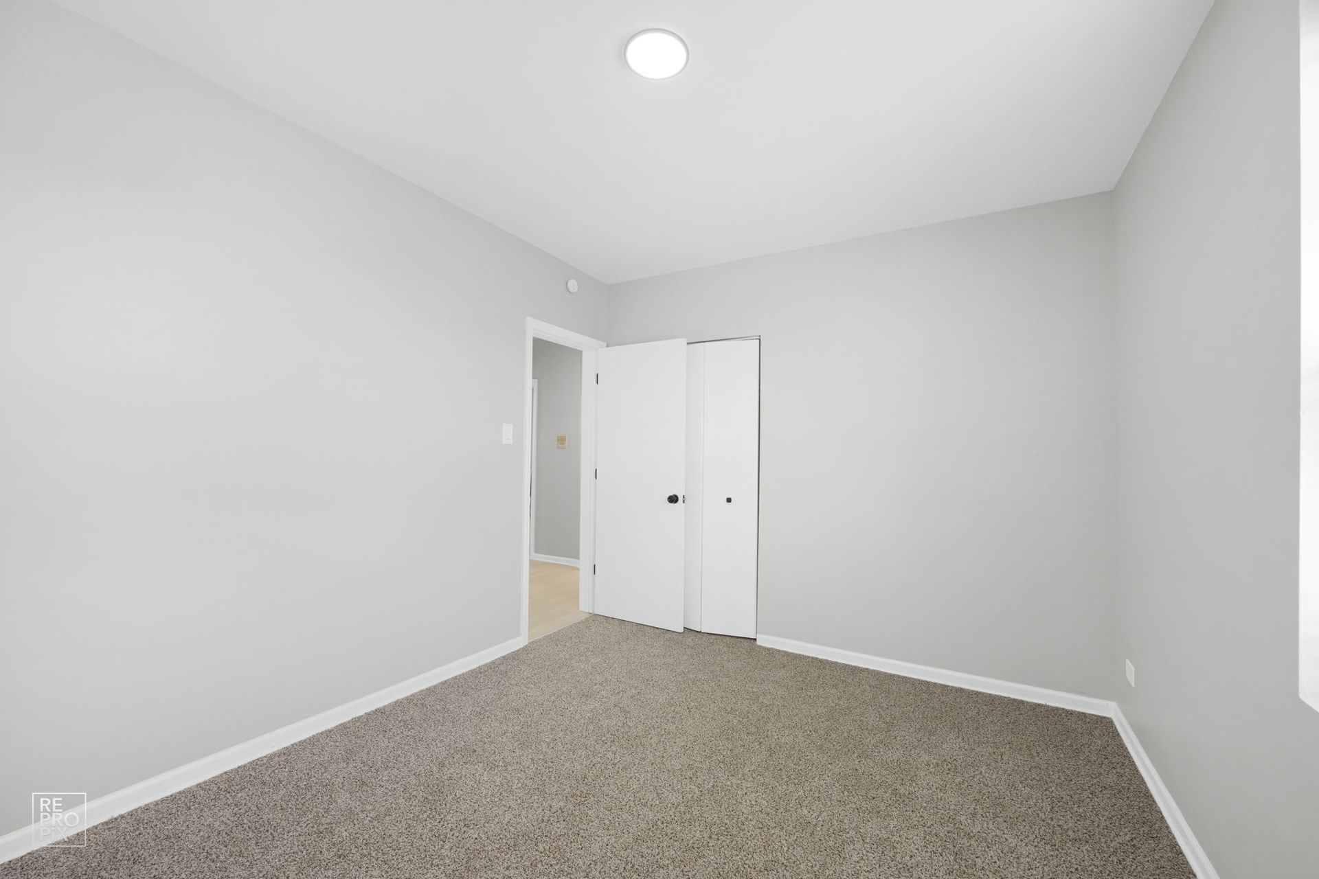 Empty bedroom with light gray walls, white door, and speckled carpet.