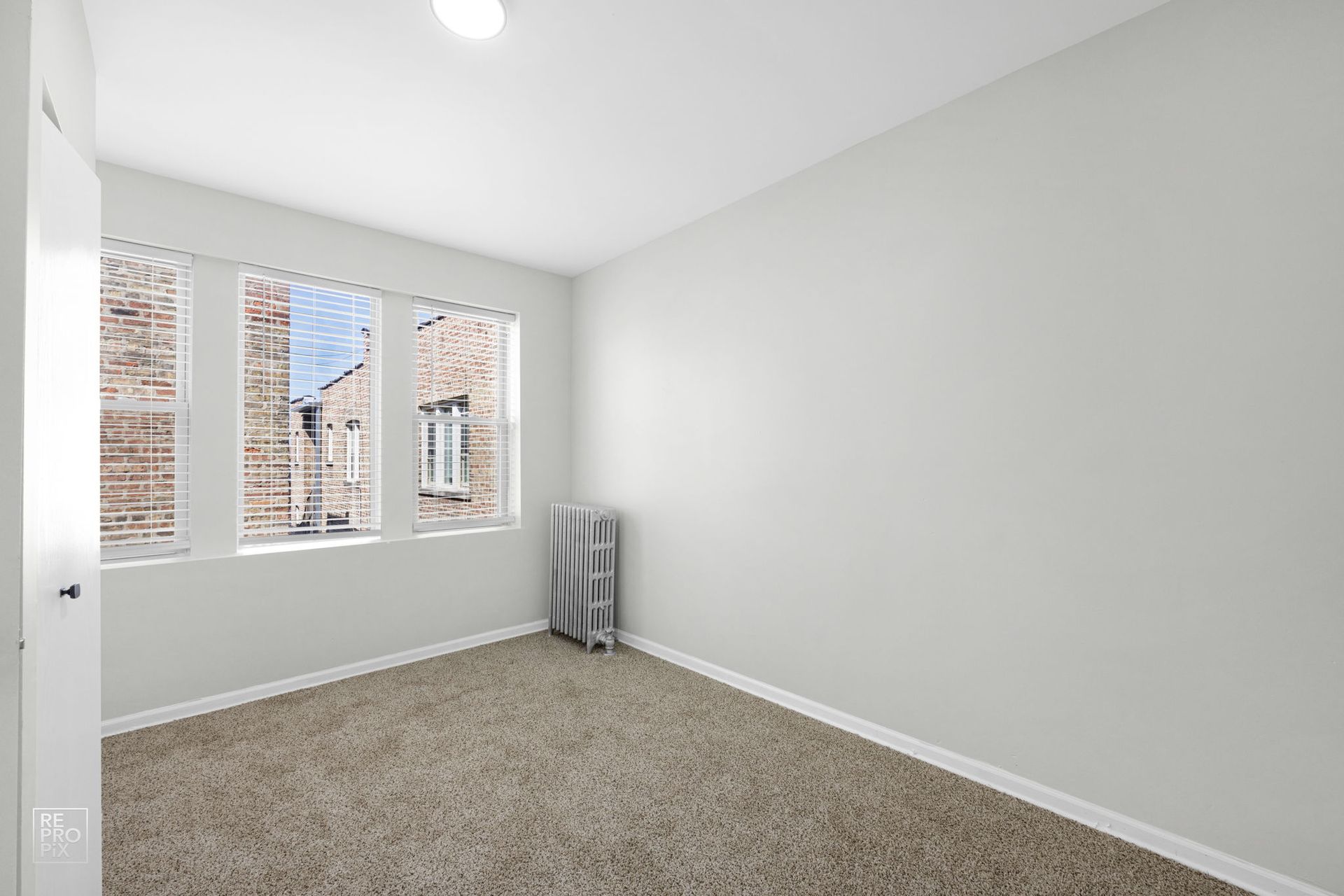 Empty room with carpet, three windows, and a radiator.