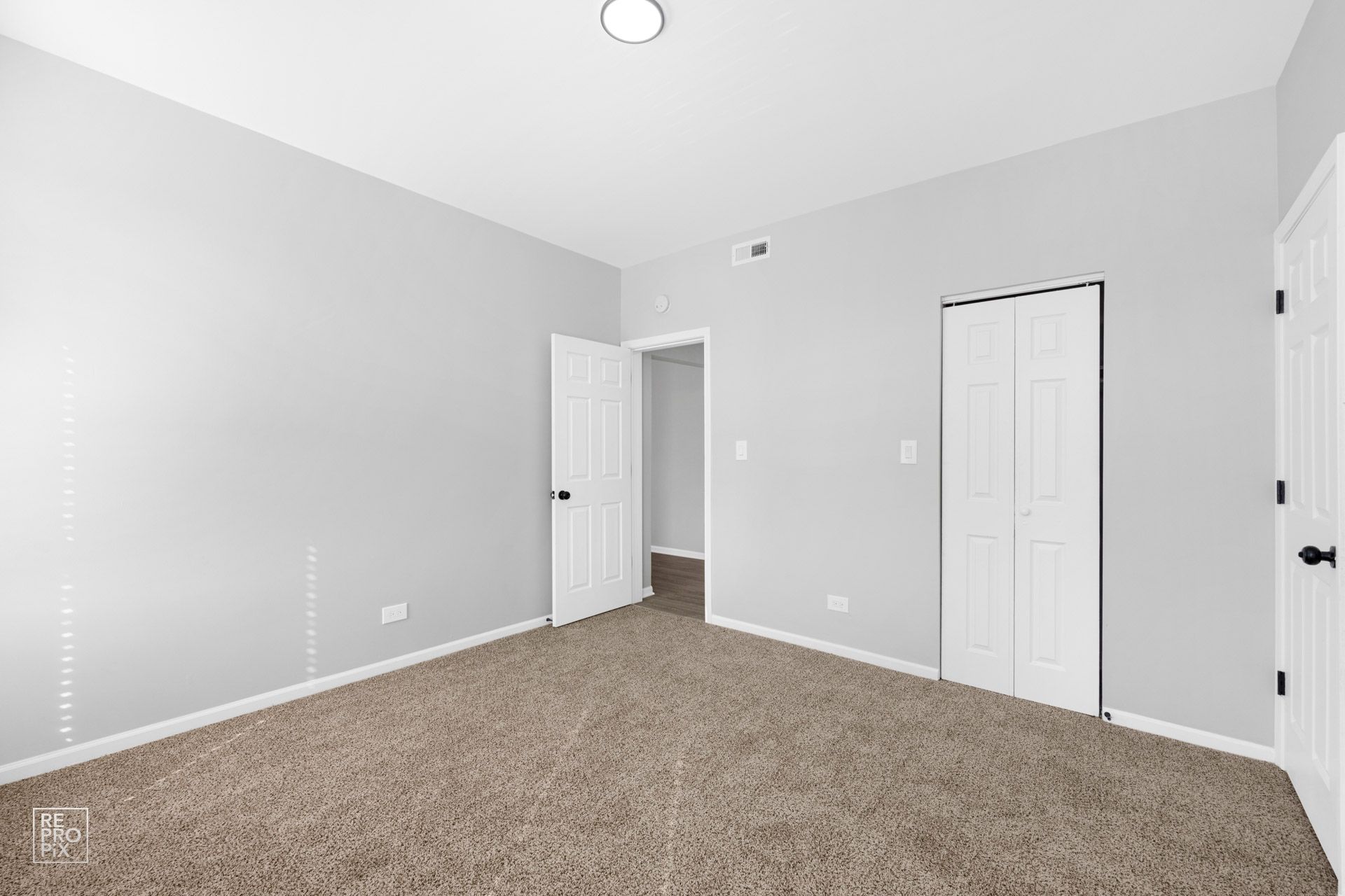 Empty bedroom with gray walls, beige carpet, and white doors.