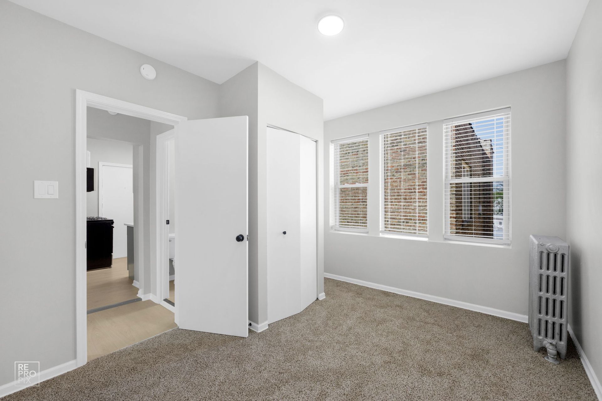 A room with gray walls, beige carpet, closed closet doors, and a window with blinds.