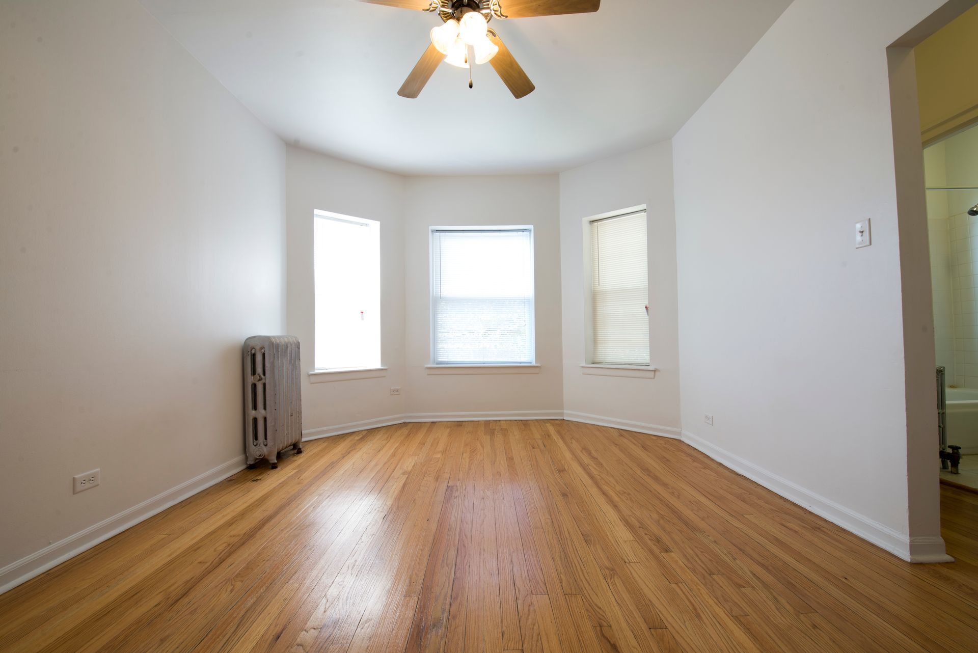 Empty room with hardwood floors, white walls, three windows, and radiator.
