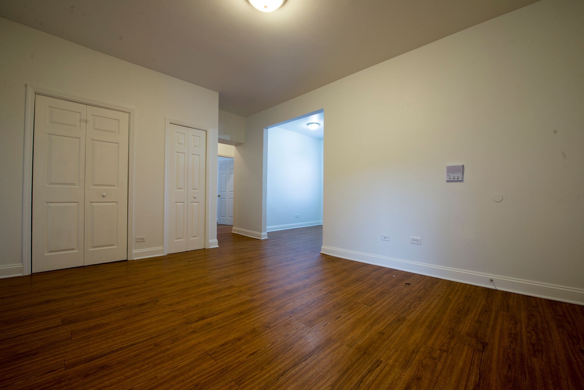 Empty room with hardwood floors, white walls, two closets, and doorway leading to another room.