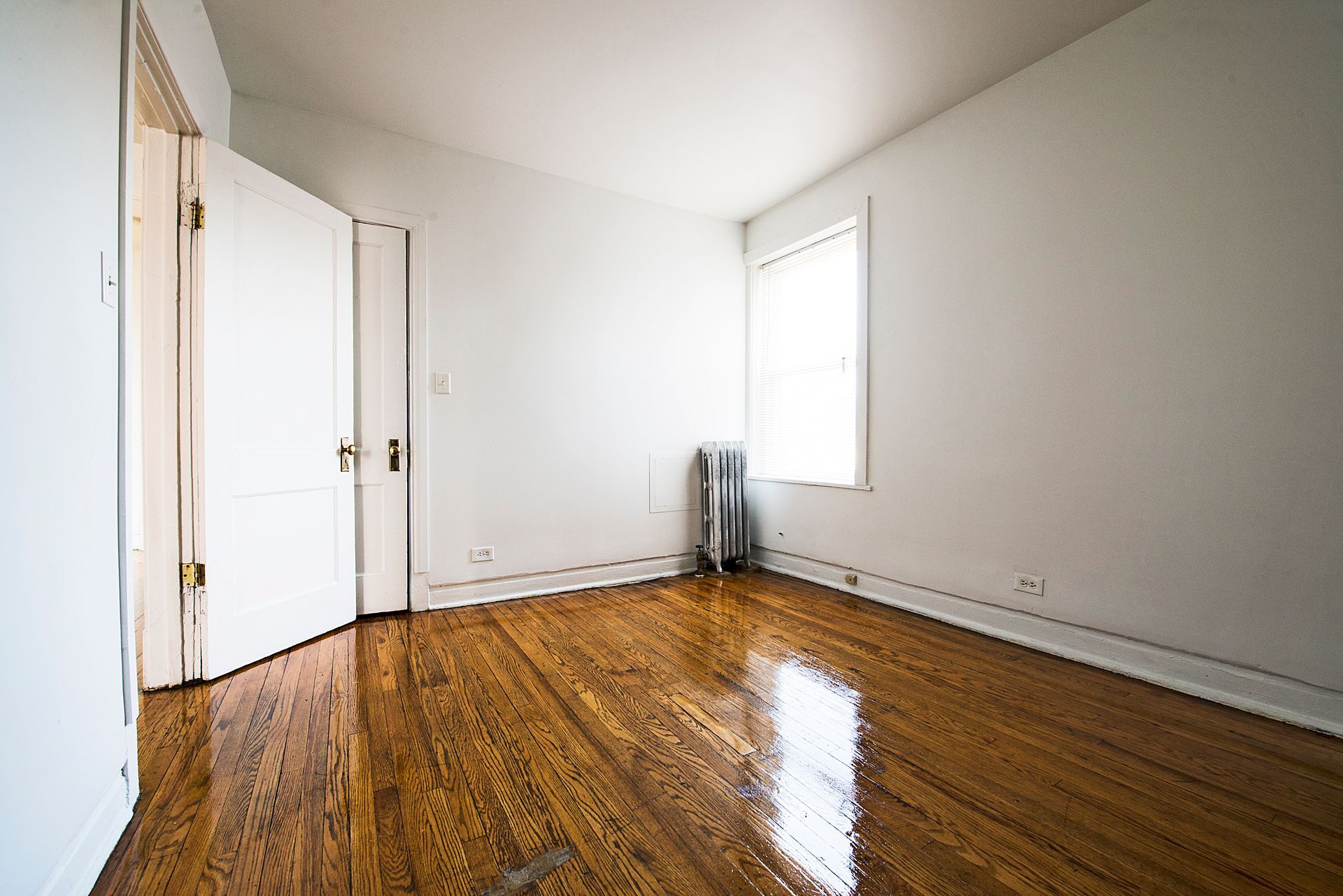 Empty room with hardwood floors, white walls, and a closed door.