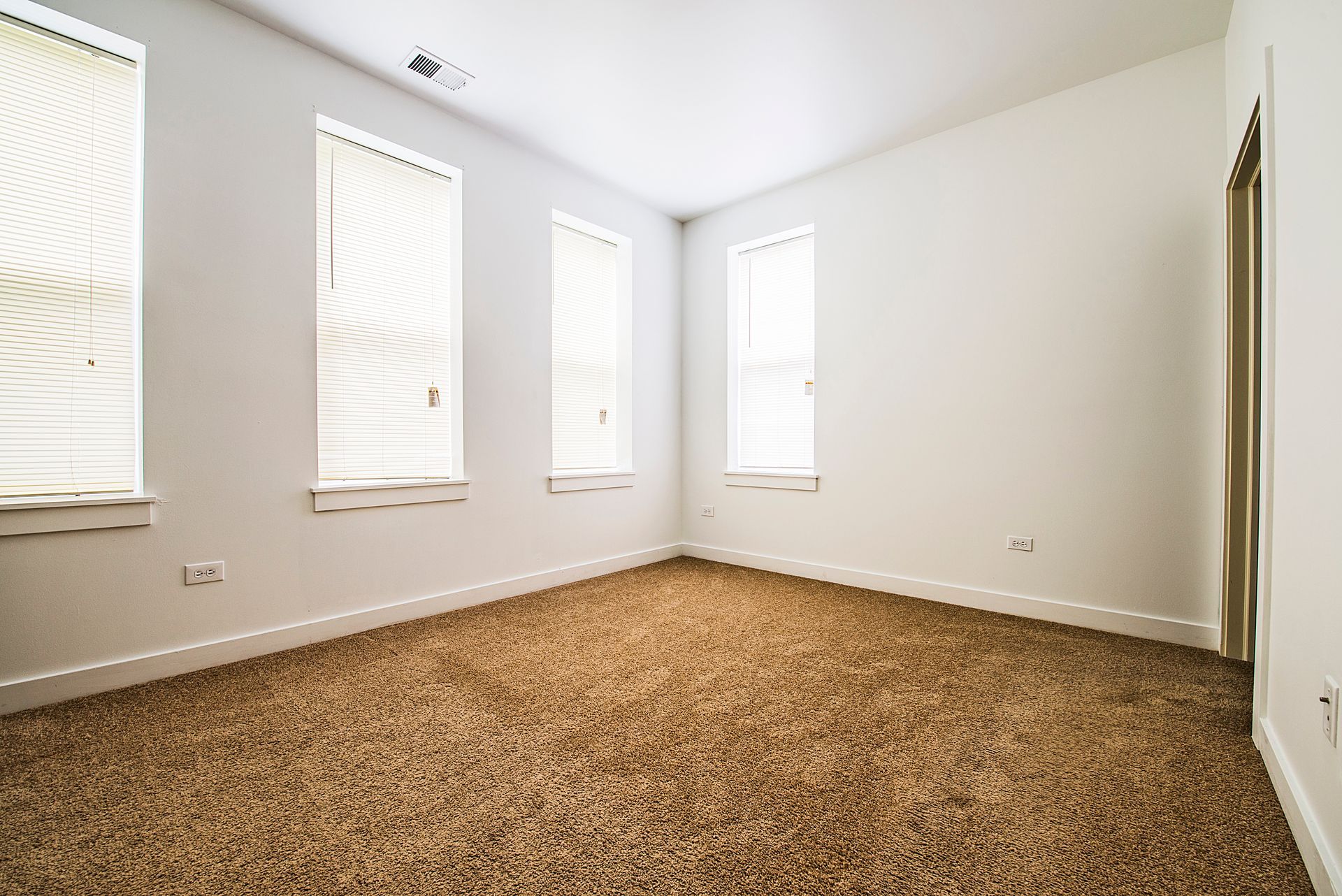 Empty room with beige carpet, white walls, and three windows with blinds.
