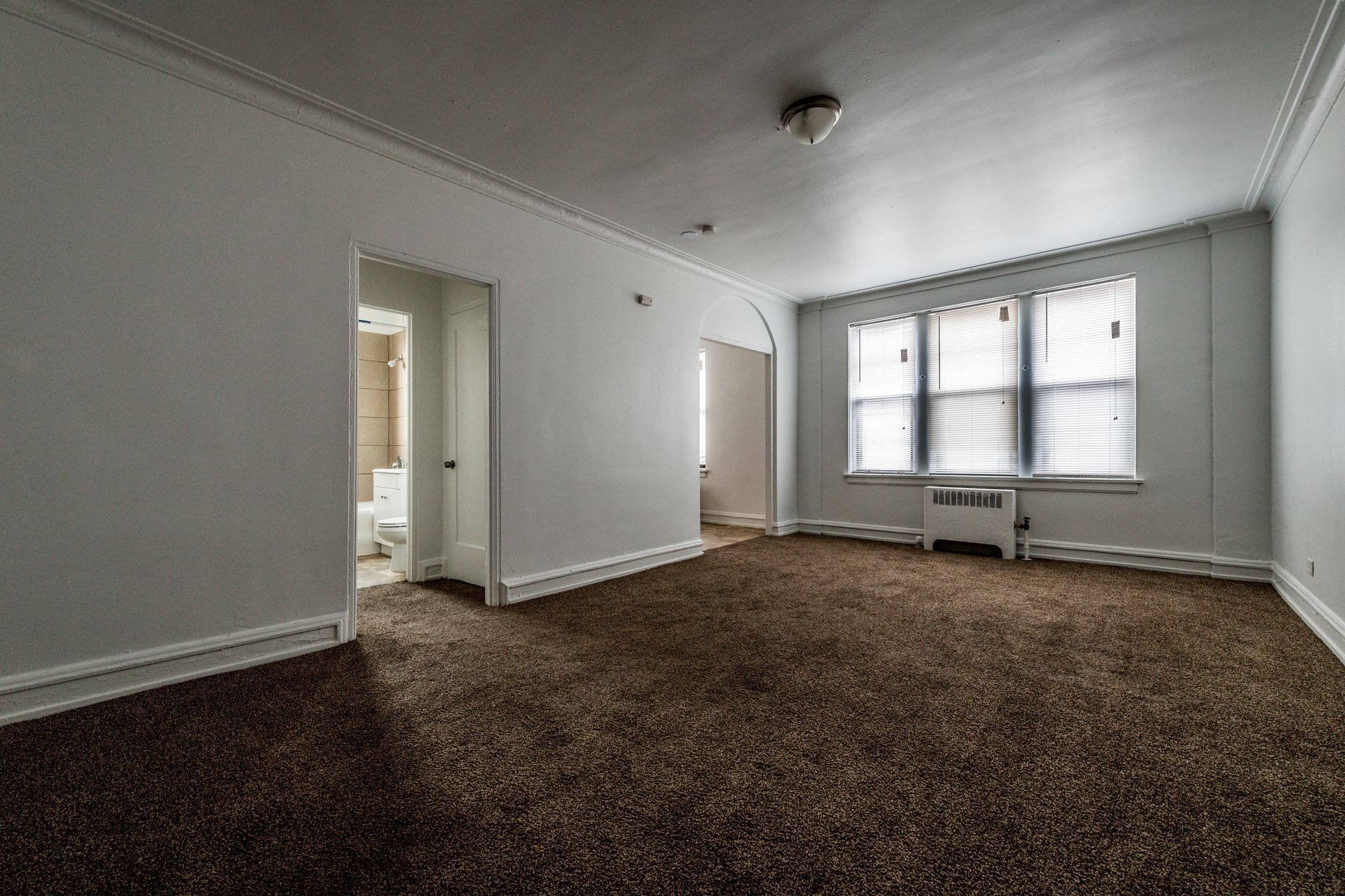 Empty living room with brown carpet, white walls, and a window with blinds.