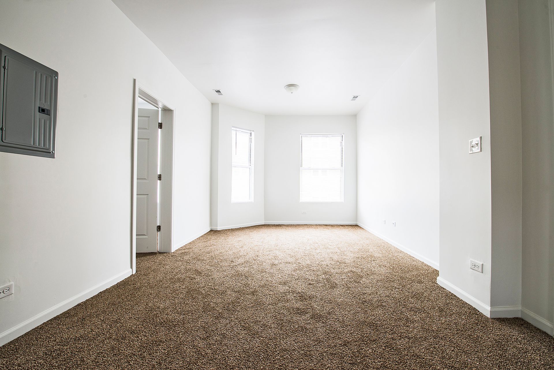 Empty room with beige carpet, white walls, two windows, and an open doorway.