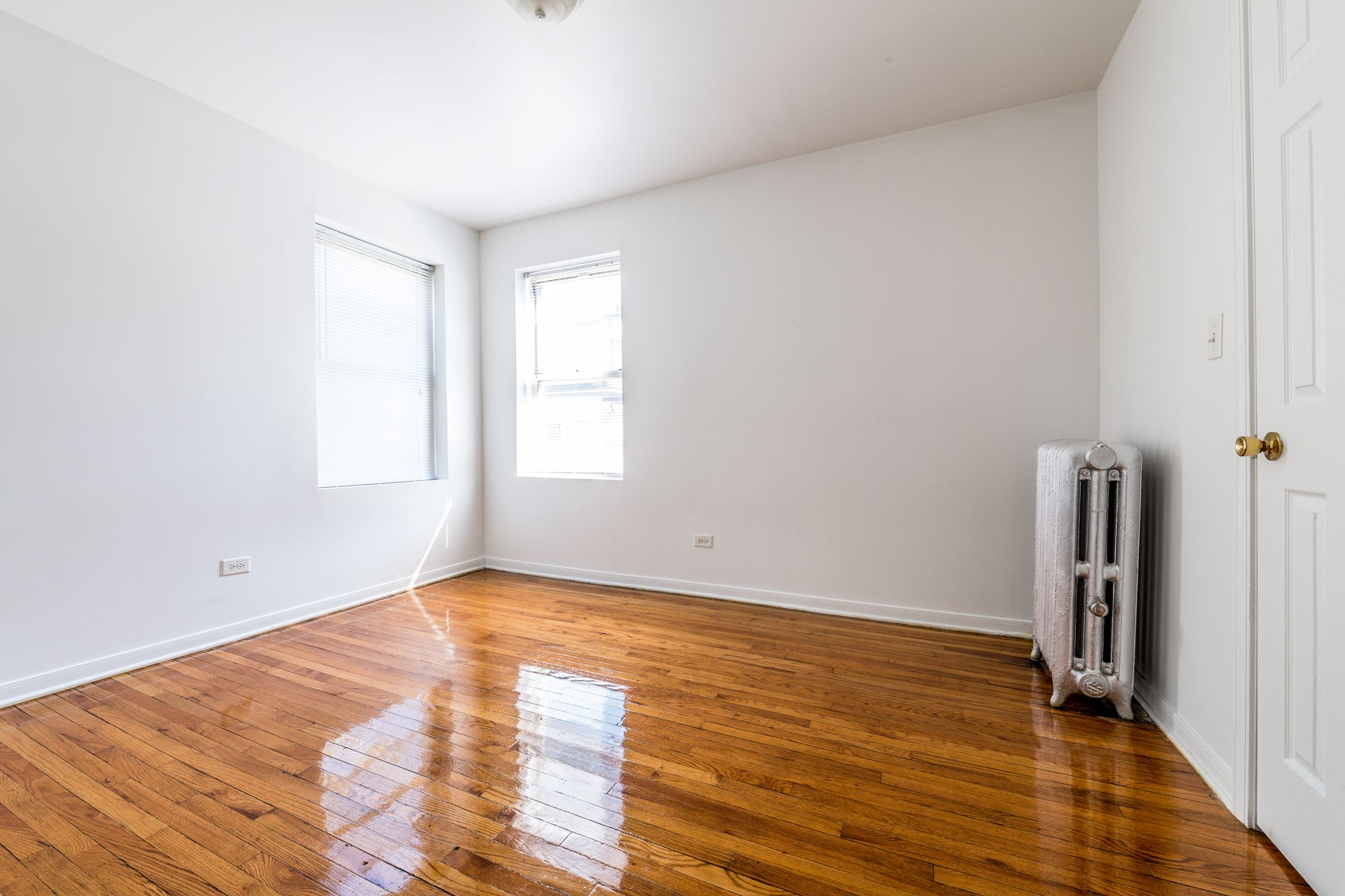 Empty room with hardwood floors, two windows, radiator, and white door.