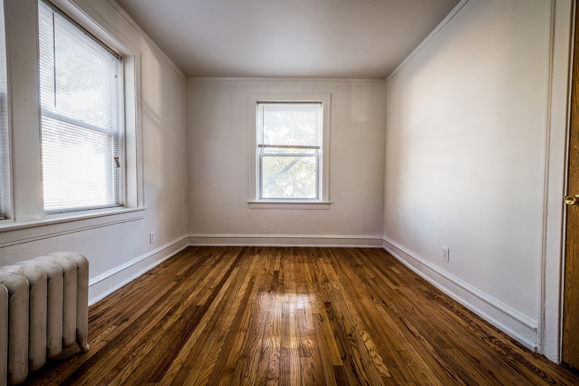 Empty room with hardwood floors, white walls, two windows, and a radiator.