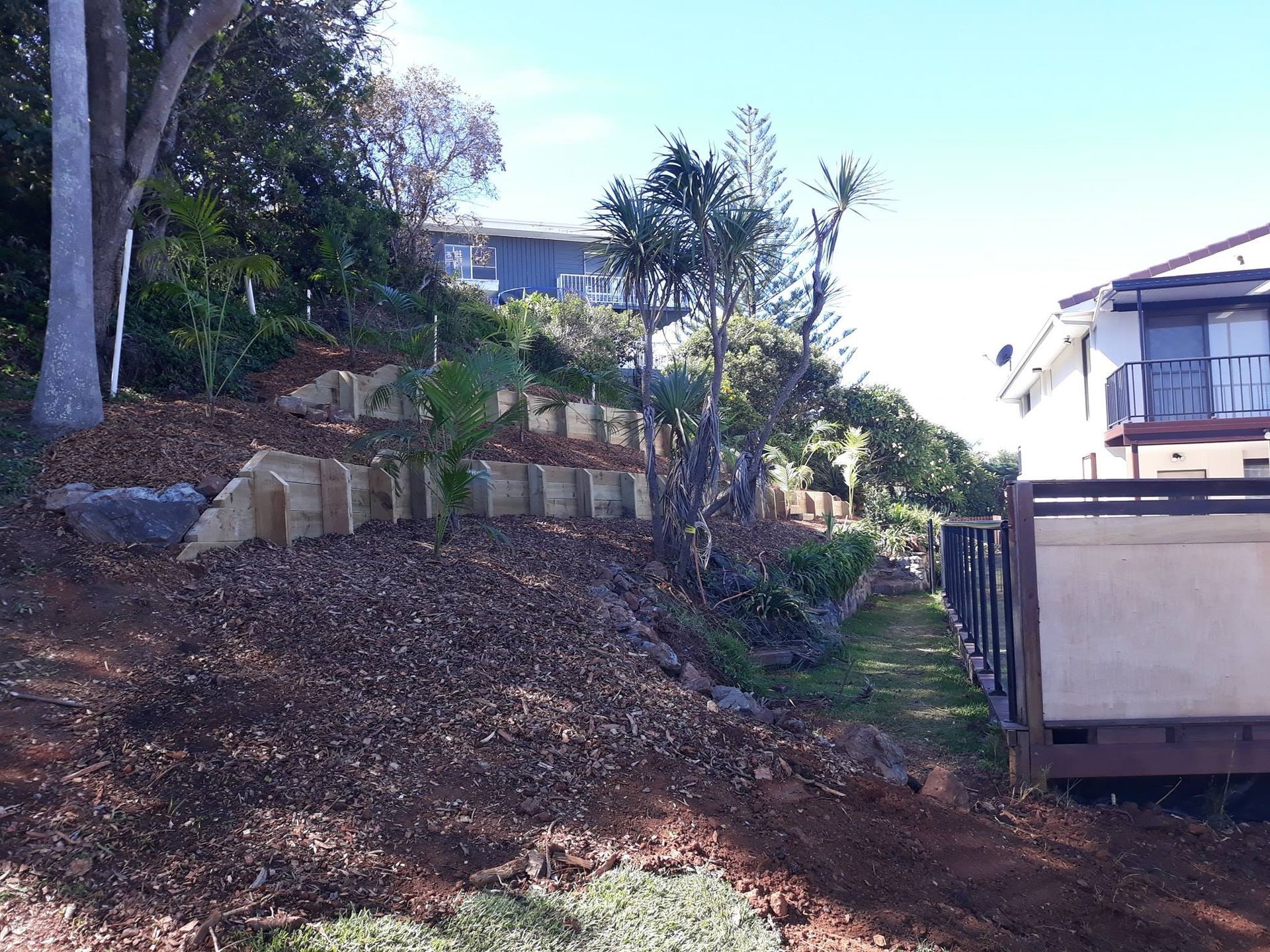 A House on a Hill With a Lot of Leaves on the Ground — Seascapes Landscape Construction in Kendall, NSW