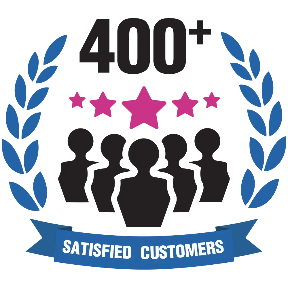 400+ satisfied customers badge with blue laurel wreaths, stars, and customer silhouettes