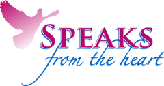 Pink dove logo with the words “Speaks from the heart” in pink and blue script