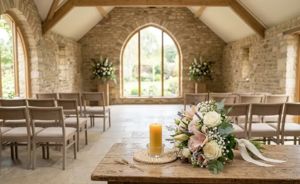Rustic chapel aisle with floral centerpiece, lit candle, and rows of chairs facing a large arched window.
