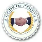 Circular Code of Ethics emblem with a handshake in the center on a white seal