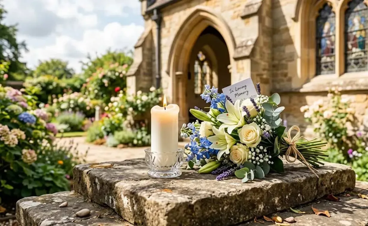 Candles and blue-white flowers on a stone memorial in front of a church entrance