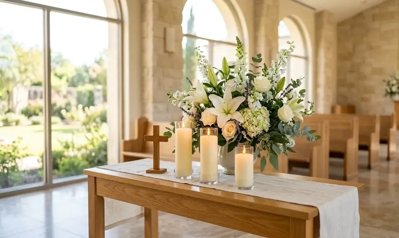 Decorated church altar with white candles, flowers, and a wooden cross in a bright chapel